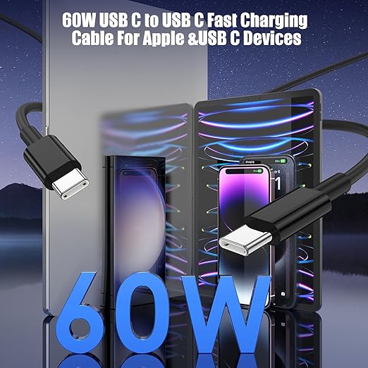 3-Pack Black 3.3FT 60W USB C to USB C Cable, Type C to Type C Cable,Fast Charging Cable for iPhone 16 15 Pro Plus Pro Max，for Galaxy S24 S23, for iPad Pro/Air, for MacBook Pro/Air and More