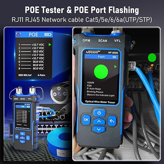 NOYAFA NF-8508 Network Cable Tester with 7 wavelength Optical Power Meter VFL,RJ11 RJ45/PoE Tester/CAT5 CAT6/NCV with 10mw Visual Fault Locator,Network Tool with Lithium Battery