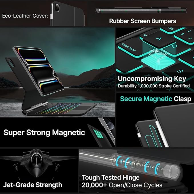 typecase Edge Keyboard Case for iPad Pro 11-inch (M4) 2024,Magic Keyboard with 11 Colors Backlight for iPad Pro 11,Keyboard Case with Pencil Holder,Multi-Touch Trackpad, Easy-Set Magnetic Stand,Black