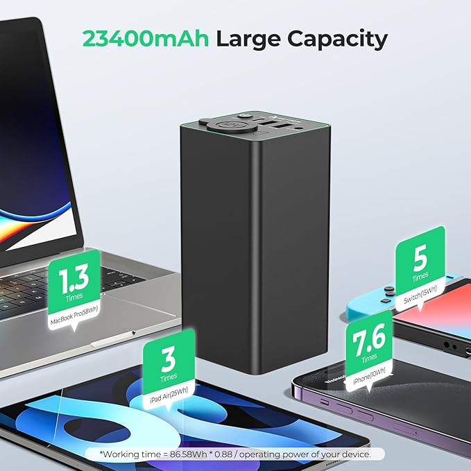 RoyPow 30W PD Portable Charger with 12V 10A Constant Voltage Cigarette Lighter Socket, 86.58Wh USB C Laptop Power Bank, 18W QC & 12V DC Battery Pack, Perfect for Dash Cam Astrophotography or Camping