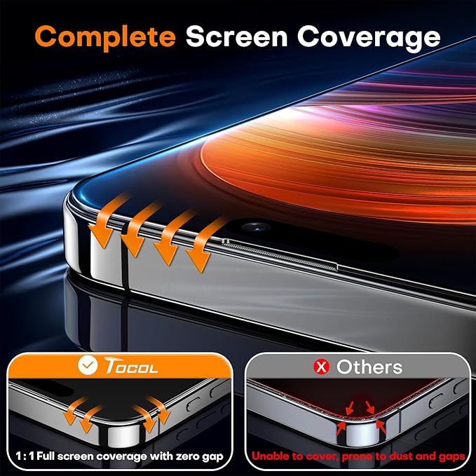 TOCOL for iPhone 16 Plus Screen Protector/iPhone 15 Plus Screen Protector 9H Hardness Military Grade Shatterproof HD Tempered Glass Full Coverage Easy Installation Case Friendly 2 Pack