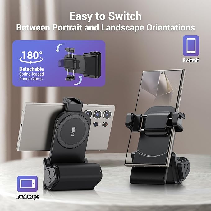 KIWIFOTOS Travel Phone Camera Grip Smartphones Tripod Handle with Remote Control & Cold Shoe Mount for iPhone 16 15 14 Pro Max Samsung S24 S25 Selfie Vlog Video Shooting