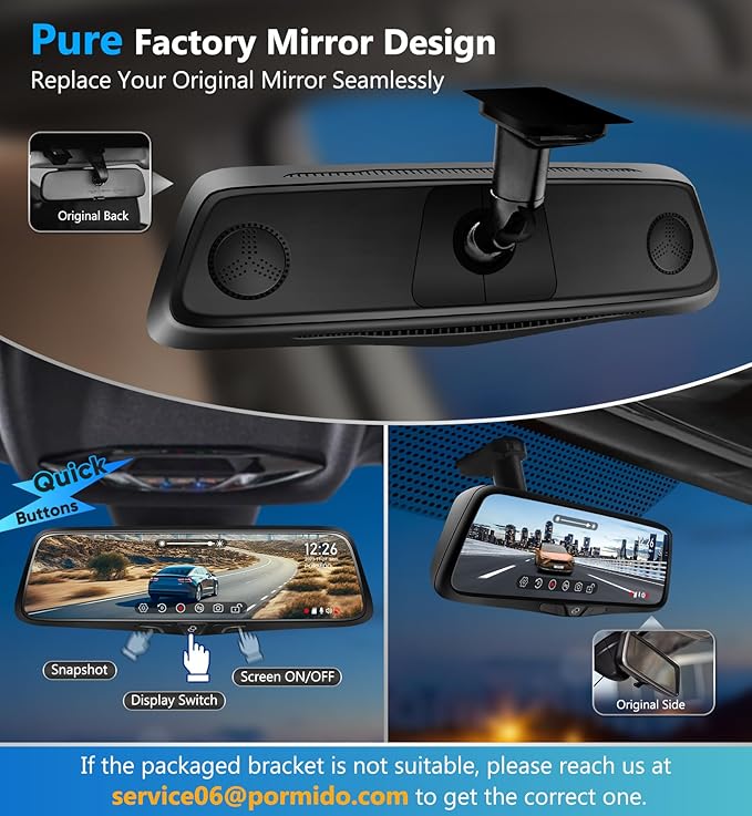 PORMIDO OEM 2K Rear View Mirror Camera,10" Mirror Dash Cam with Detached Front Backup Camera, Smart Full Touchscreen Rearview WDR Dashcam with Built-in GPS,64GB Card,Parking Monitor,Night Vision