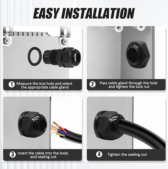 12 Pcs Nylon Cable Glands, Black Strain Relief Cable Cord Connector IP68 Waterproof Junction Box Wire Protectors Adjustable (6 Pcs 3/4" NPT + 6 Pcs 1/2" NPT)