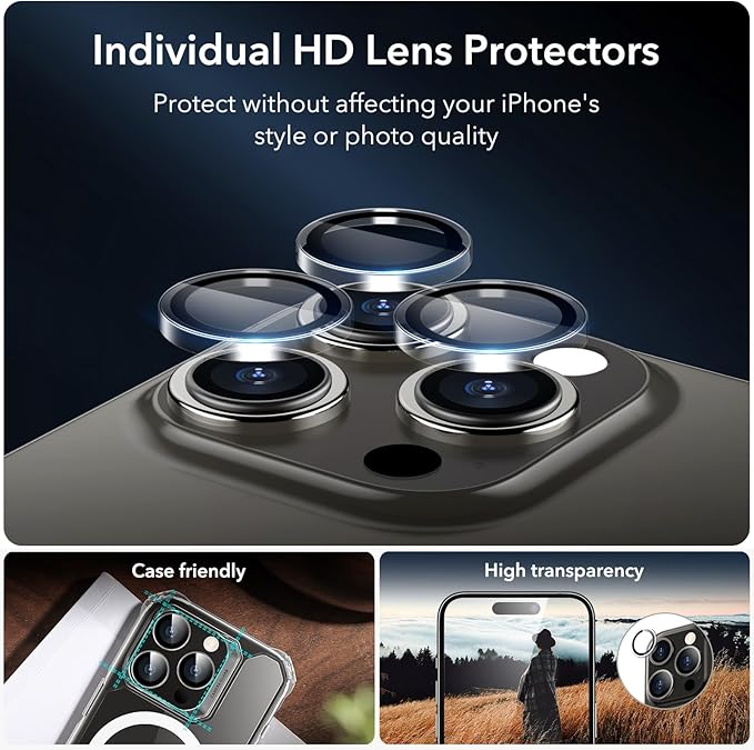 ESR 3+1 Pack for iPhone 15 Pro Max Screen Protector, [9H Hardness] [Military Grade Shatterproof] Full Coverage Ultra-tough Tempered Glass Film, Easy Installation Frame, 1 Set of Camera Lens Protector