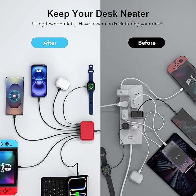 USB C Fast Charger 100W GaN 6 Port Type USB C Charging Station Hub Block Wall Charger Power Strip Adapter Plug Cube Brick 3 USB A for iPad iPhone16 15 14 13 12 11 Pro Max