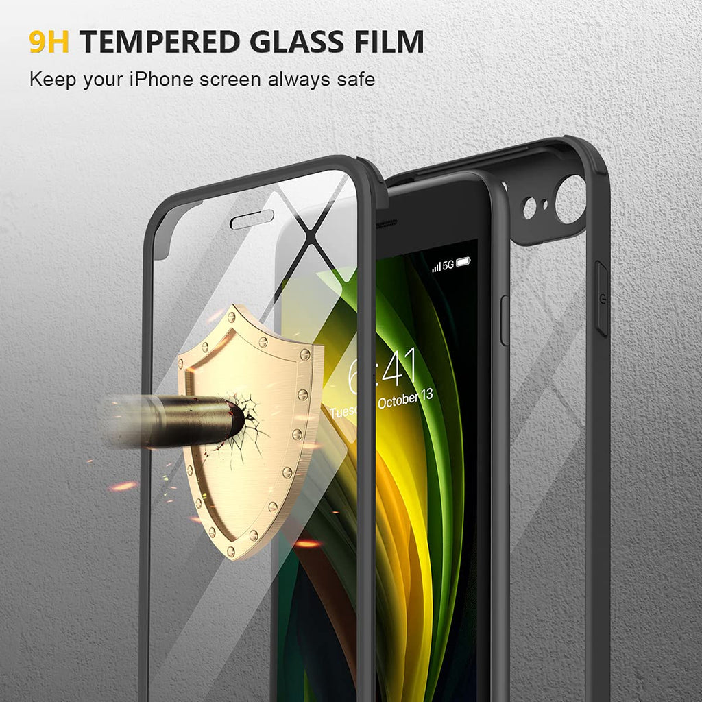 Miracase for iPhone SE Phone Case 3rd/2nd Generation 2022 2020 Full-Body with Built-in Glass Screen Protector, Heavy Duty 360° Protective Shockproof Bumper Cover for iPhone 8/SE 4.7 Inch, Black