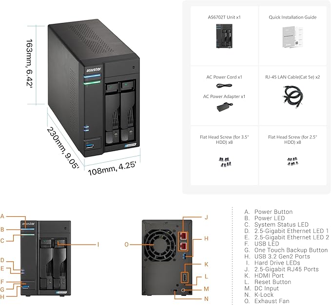 Asustor Lockerstor 2 Gen2 AS6702T - 2 Bay NAS, Quad-Core 2.0 GHz CPU, 4x M.2 NVMe slots (PCIe 3.0), Dual 2.5GbE, 4GB DDR4 RAM, Network Attached Storage (Diskless)