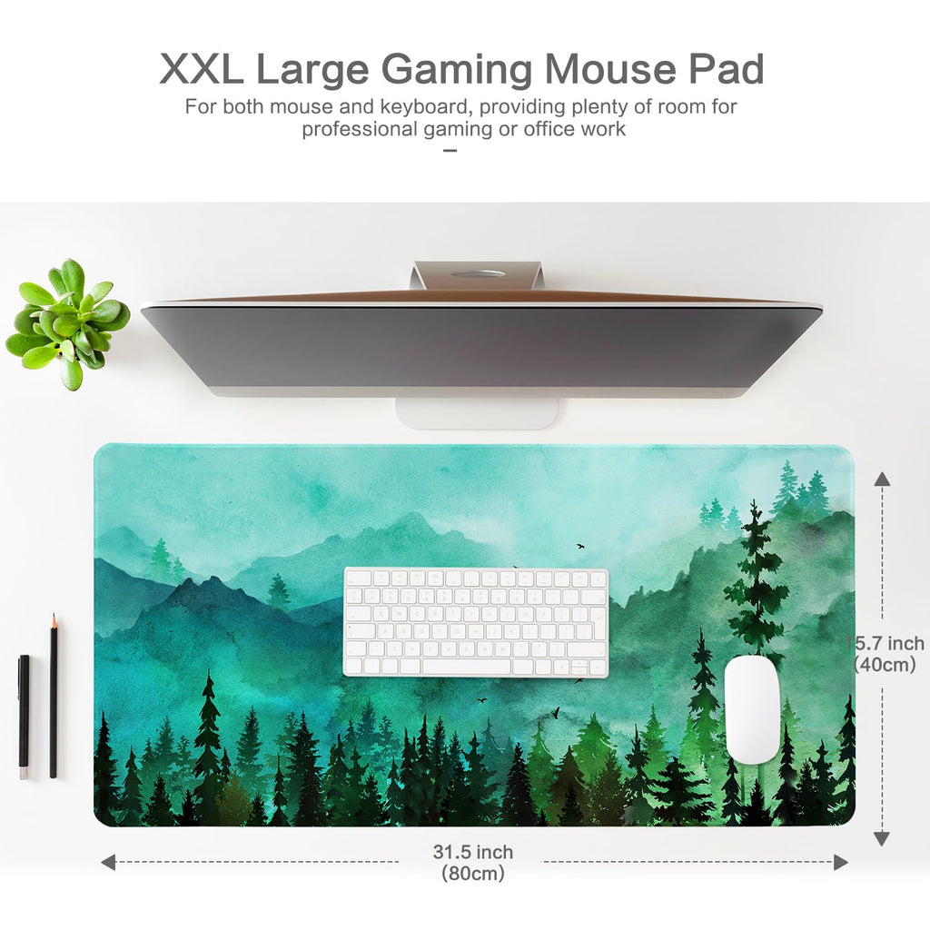 Lokigo Green Forest Mouse Pad, Waterproof Extended Large Gaming Mousepad with Non-Slip Rubber Base Stitched Edges Desk Pad Keyboard Writing Desk Mat Office Home Study 31.5"x15.7", Mountain
