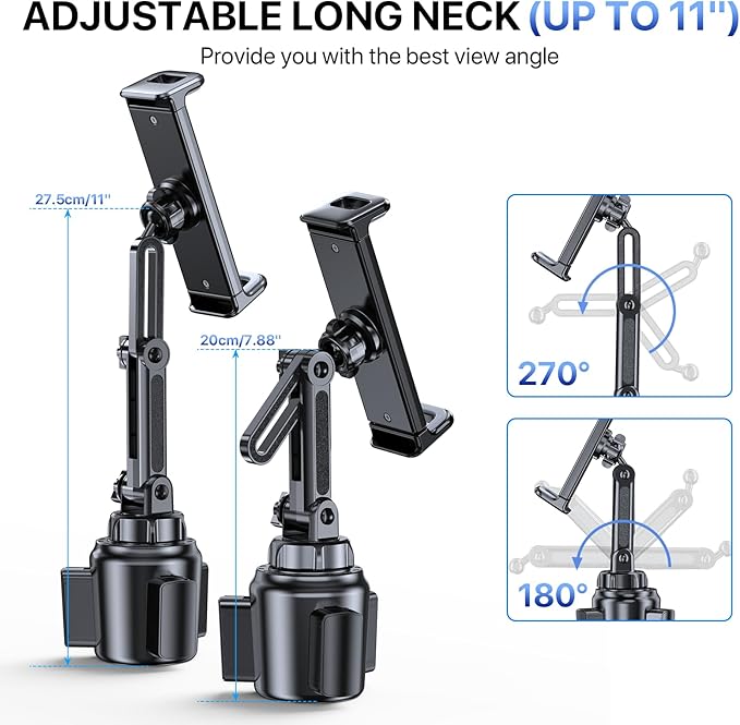 Miracase Cup Holder Tablet Mount for Car, Adjustable Long Neck Car Tablet Holder Friendly Compatible with iPad, Pro, Air, Mini Samsung Galaxy Tab, All 6.1-12.9" Tab