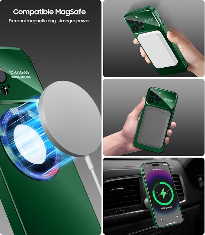 Magnetic for iPhone 16 Pro Case, Compatible with MagSafe, Built-in Camera Lens Protector, Logo View, Military Grade Drop Proof Phone Cover, Green
