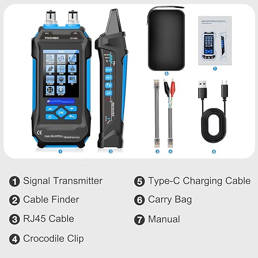 10 in 1 Network Cable Tester with 7 Wavelengths OPM 10Km/10mW VFL 600M Measurable Length 100 Records Tool Kit for CAT5 CAT6 Telephone Ethernet RJ11 RJ45 PoE Wire Tracer NCV, Blue