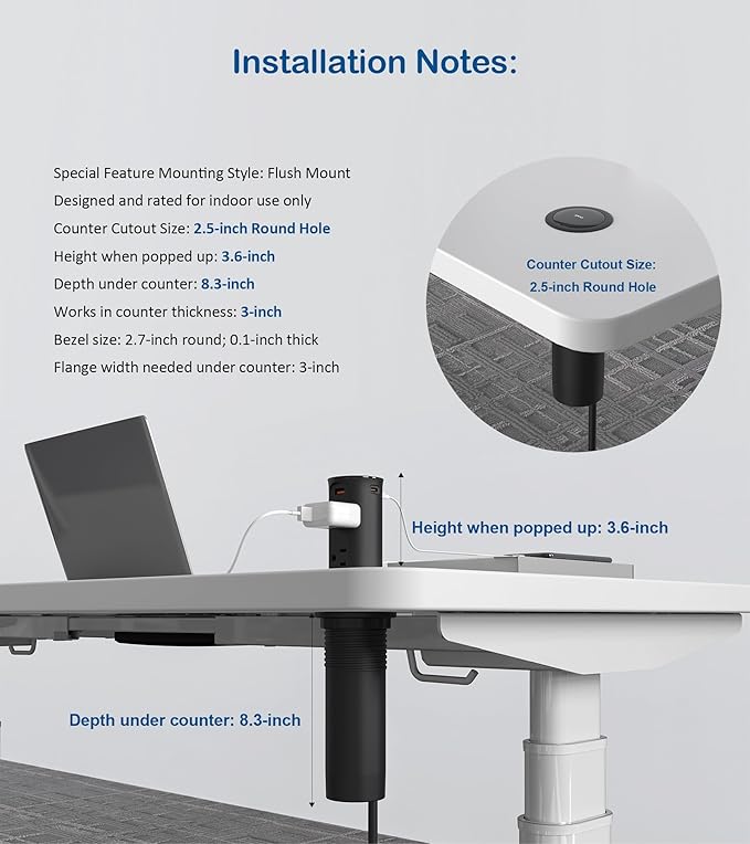 Pop up Outlet for Countertop,65W USB C Fast Charging Port,2.5-inch Hole Desktop Power Grommet,Recessed Power Strip,4 Outlets 4 USB Ports,15Amp Tamper Resistant Receptacle，ETL Listed (Black)