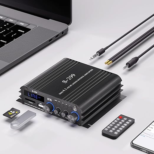 Facmogu S-299 4.1CH Bluetooth Power Amplifier with Active Subwoofer Output (NOT Passive Subwoofer), Max 800W RMS 40Wx4 Subwoofer Amplifier Hi-Fi Integrated Mini Speaker Amp Audio Sub Bass Amp