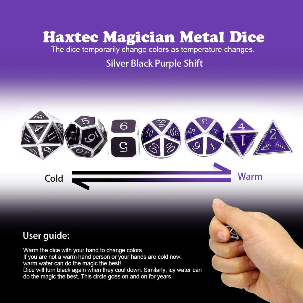 Haxtec Color Changing Metal DND Dice Set Silver Black Purple Color Shifting D&D Dice with Leather Dice Bag Compatible with Dungeons and Dragons TTRPG DND Gift