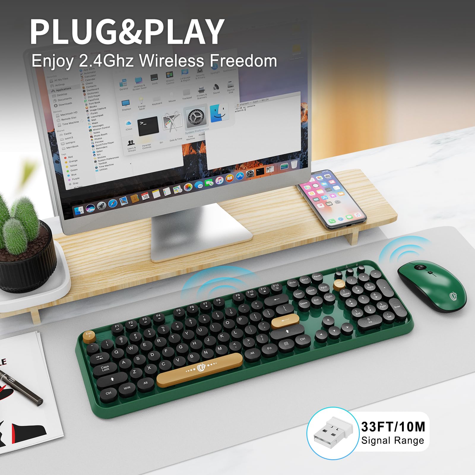 Green Wireless Keyboard and Mouse Combo,Typewriter Keyboard with Round Keys,2.4G Wireless Full Size Colorful Keyboard with Number Pad for Computer Laptop and Desktop
