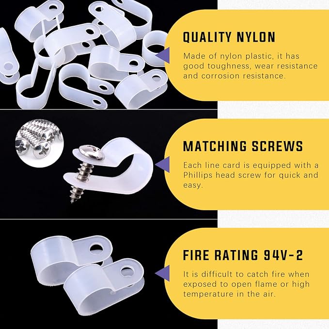 Swpeet 120 Pack White 1/2 Inch Nylon Plastic R-Type Cable Clips Clamp Kit, Nylon Screw Mounting Cord Fastener Clips with 120 Pack Screws for Wire Management (1/2 Inch, White)