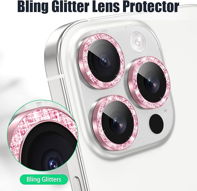 AGVEE 3+3 6 Pack for iPhone 16 Pro 6.3" / 16 Pro Max 6.9" Camera Lens Cover Protector, Bling Diamond & Bling Glitter Metal Ring 9H Tempered HD Glass Camera Cover Protector Film, Bling-Pink