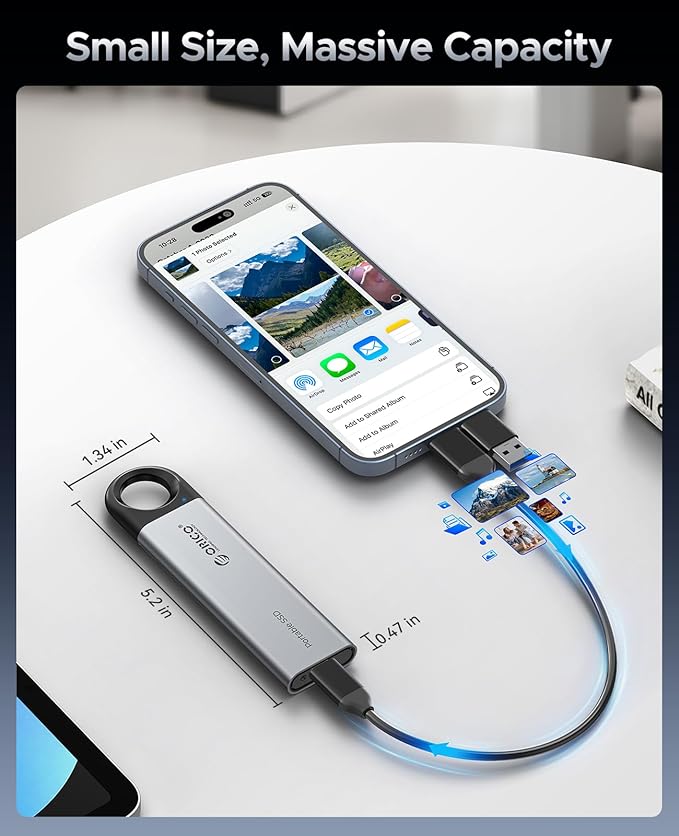 ORICO 2TB Portable SSD, Up to 460MB/s Speed External Solid State Drive, Hanging Hook Design, Plug & Play, USB-C & A 2-in-1 Cable, Portable Storage for Type-C Smartphones, Tablets, Laptops - C5C5