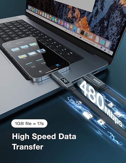 4 in 1 USB C Cable with Wattage Display, 240W Flat Nylon Braided Multi Charge Cable with Data Sync, USB C Charging Cord Combo Type C/USB A/L Port for iPhone/iPad/Samsung/Laptop, 5FT