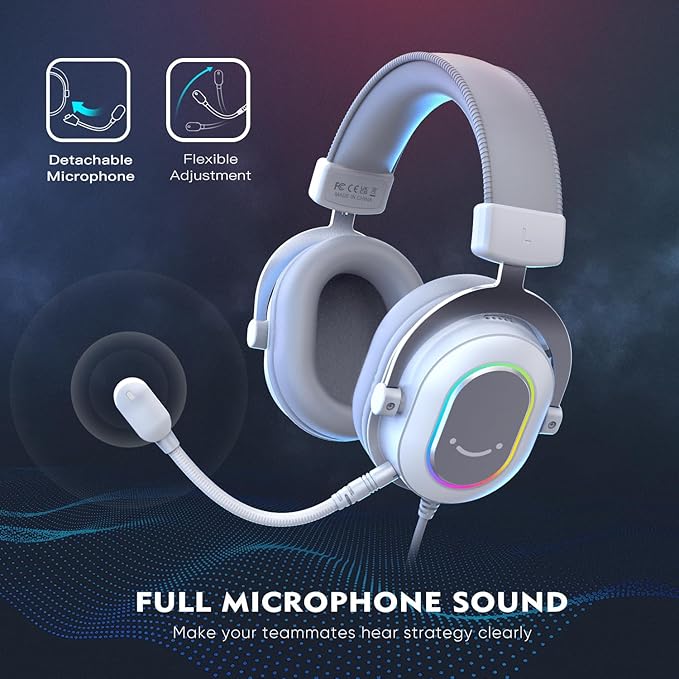 FIFINE USB Gaming Headset, PC Headphones Wired with Microphone for Computer/Laptop, Over-Ear RGB Headset with 7.1 Surround Sound, Noise Cancellation for Streaming Video Game- AmpliGame H6 (White)