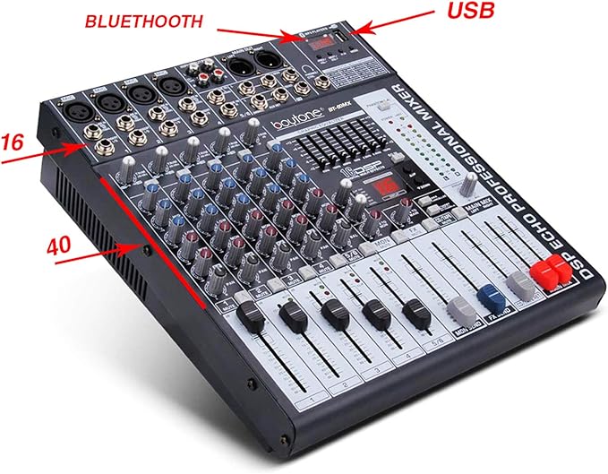 Boytone BT-60MX, 6 Channel Bluetooth Audio Mixer - DJ Sound Controller, USB MP3 Player, 4 XLR Microphone Jack, 7 Band EQ, 16 DSP Digital Multi Effects Processor, RCA IN-OUT Jack, 48V Phantom Power