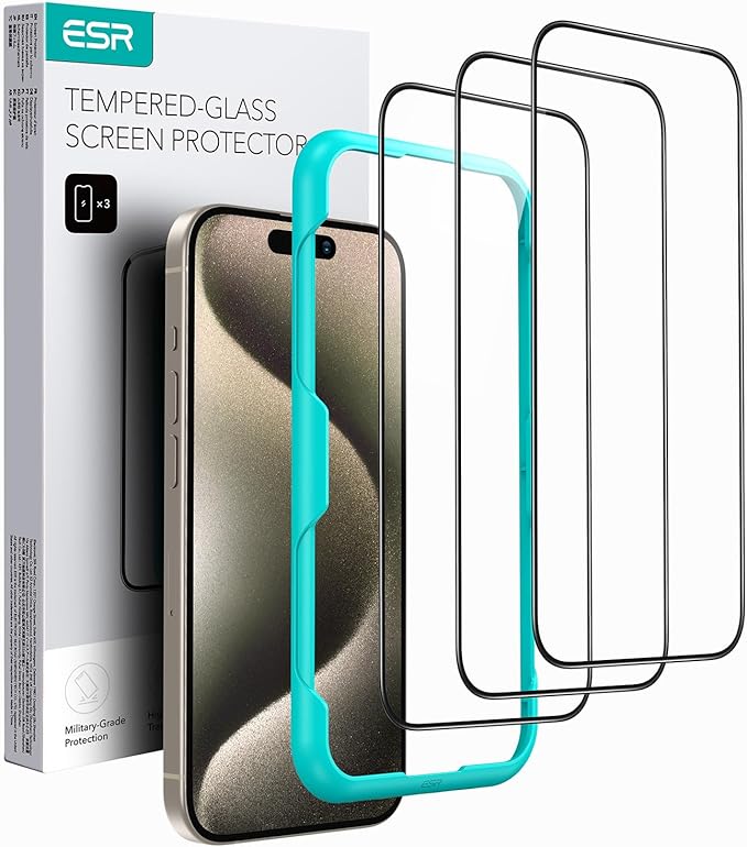 ESR 3 Pack for iPhone 15 Pro Max Screen Protector, [9H Hardness] [Military Grade Shatterproof] Full Coverage Tempered Glass Film with Easy Installation Tool, HD Clear, Scratch Resistant