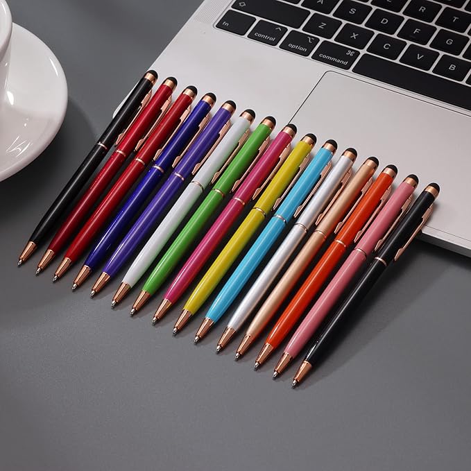 FIRCRE 15 Pack Stylus Pens for Touch Screens Stylus Pen Compatible with Phone Tablets Kindle and Black Ink Ballpoint Pens-2 in 1 Stylists Pens (8005 Rose Gold B)