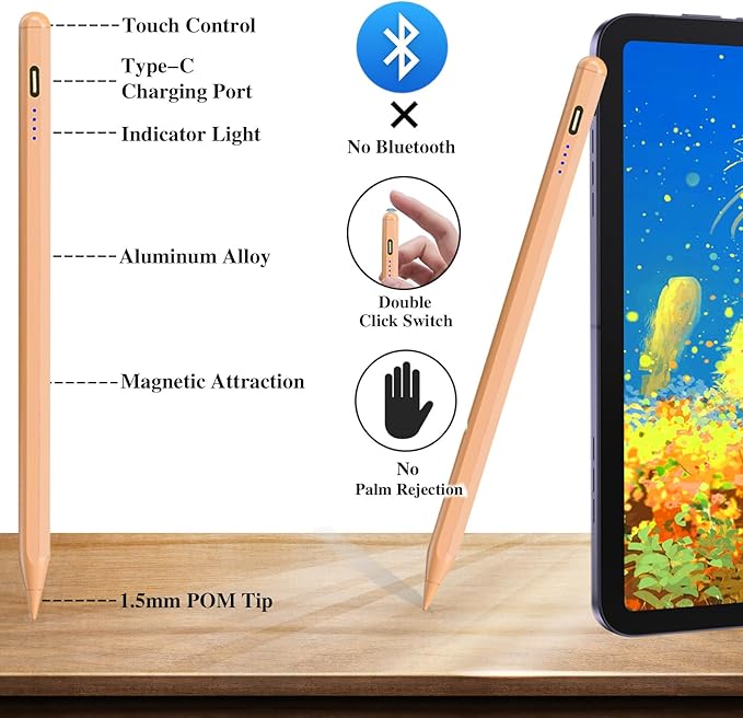 Stylus Pen for Touch Screen, Rechargeable Active Magnetic iPad Pencil UniversalTablet Pencil Stylus Pen for iPad/Pro/Air/Mini/iPhone Samsung/Android and Other Smartphone Devices-Orange