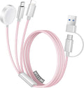 Temdan for Travel Vacation Essentials,3 in 2 USB C Cable for Apple Watch Charger/iPhone 16 Charger/Lightning,Multi Charging Cable Cord,Camping Essentials,Designed for iWatch &iPhone 16-12-5FT Pink