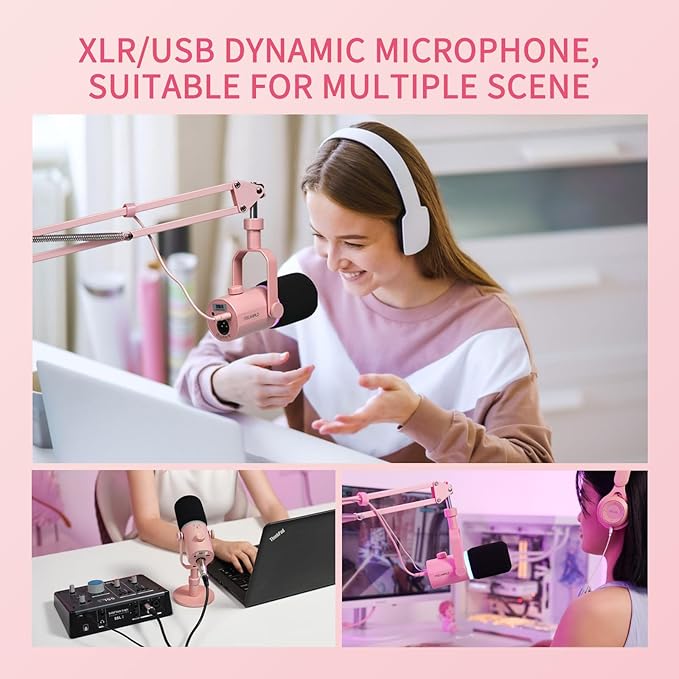 FEELWORLD PM1 XLR USB Dynamic Microphone with Desktop Stand Gifts for Podcast Recording PC Computer Gaming Streaming Vocal Voice-Over, Studio Metal Mic, RGB Light, Mute Button, Headphones Jack (Pink)