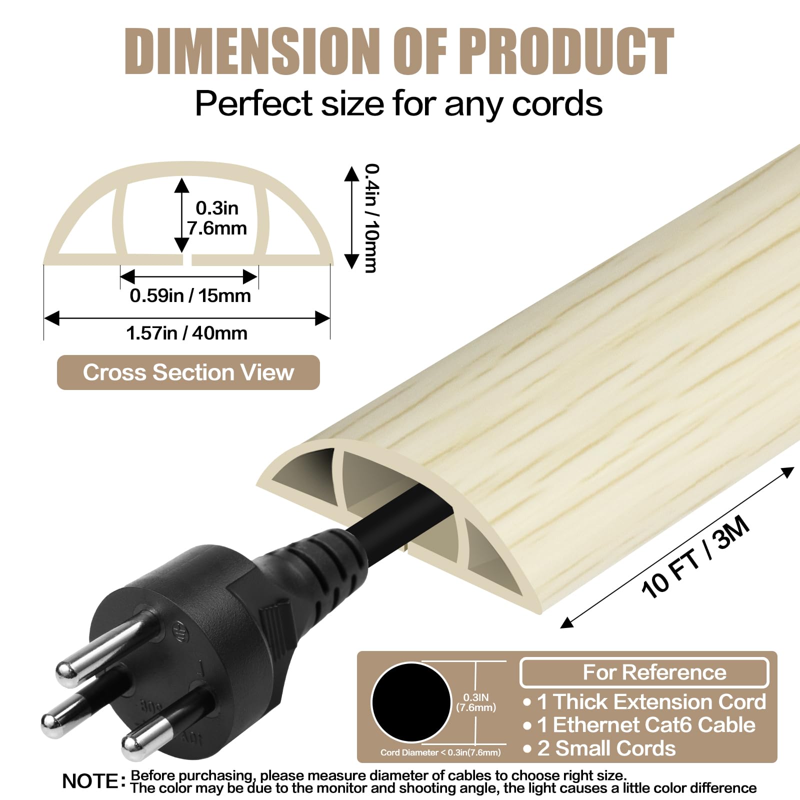 Floor Cord Cover Self Adhesive Cord Hider,10FT Cable Management, Extension Strip Protector for Wires, Prevent Cable Trips for Offices, Gyms, Exhibitions Cavity:0.51"(W) x 0.3"(H) Yellow Wood