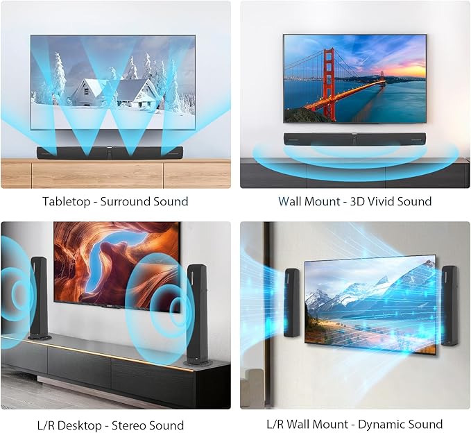 Sound Bar for Smart TV,90W Soundbar with Bluetooth/ARC/Optical/AUX Connect, Auto Volume Boost, 3 Customizable Equalizer Modes, 2 in 1 Detachable Soundbar for TV/PC/Gaming/Projectors