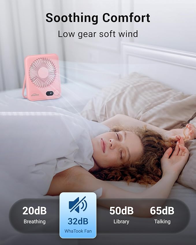 WHATOOK Small Desk Fan Personal Fans: 5000mah 25 Hours Battery Office Quiet Mini Desktop Fan Portable Rechargeable Travel Essentials (Pink, 5000)