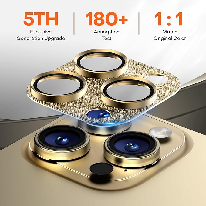 Camera Lens Protector for iPhone 16 Pro Max/16 Pro/15 Pro Max/15 Pro/14 Pro Max/14 Pro, Aluminum Alloy Sapphire Glass Camera Screen Cover, Case Friendly- Glitter Gold