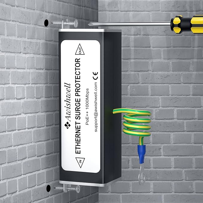 Ethernet Surge Protector Gigabit, 20KA PoE++ Ethernet Lightning Arrestor, RJ45 Lightning Suppressor Network Protection with Ethernet Transformer/Gas Discharge Tube/Mounting Flange,1Pack