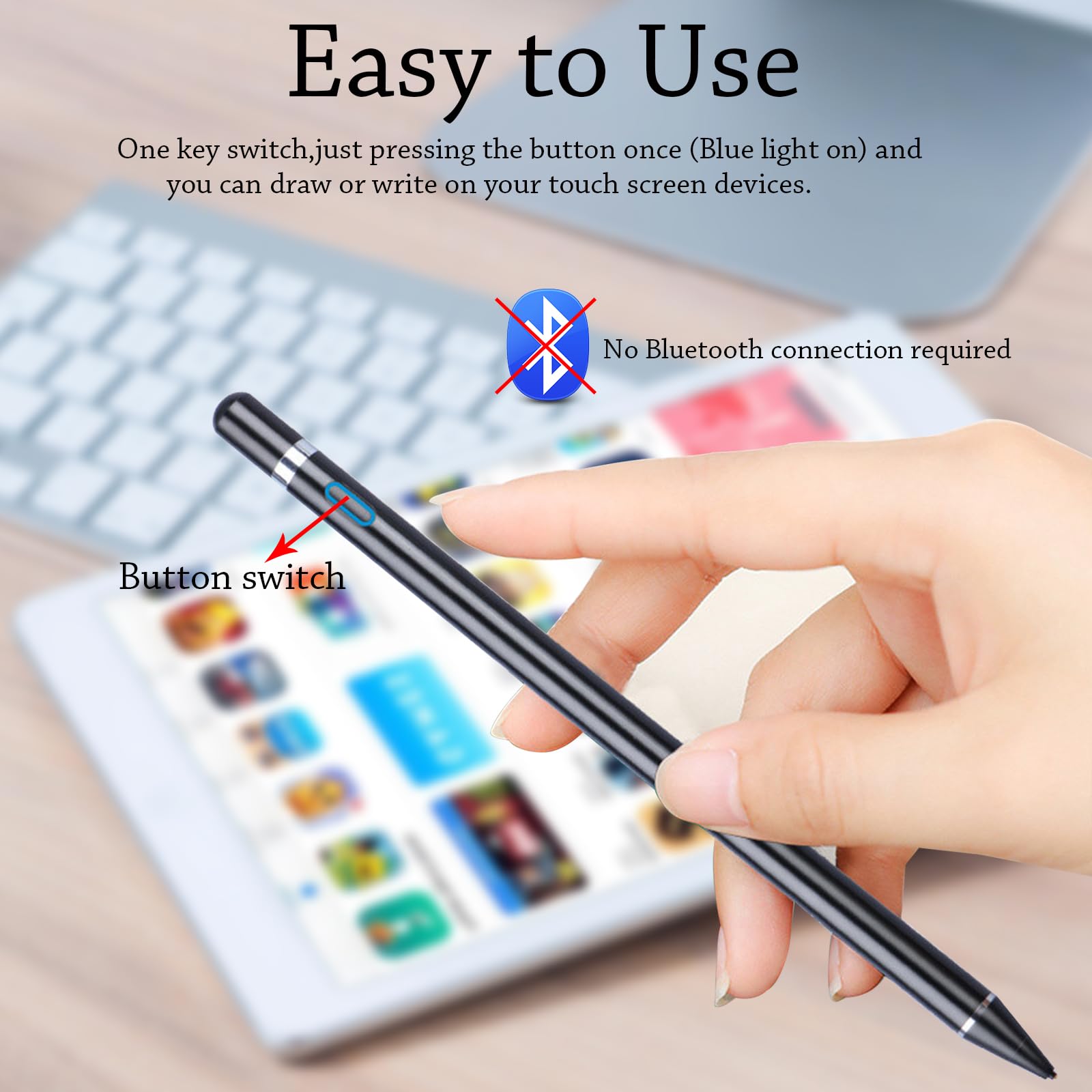 Stylus Pen for Touchscreen, DOGAIN iPad Pencil 1.5mm Fine Point Rechargeable, Tablet Pen for Drawing/Writing/Playing, Stylus Pen for iPad/iPad Air/Mini/Pro/Android/iPhone and Most Device(Black)