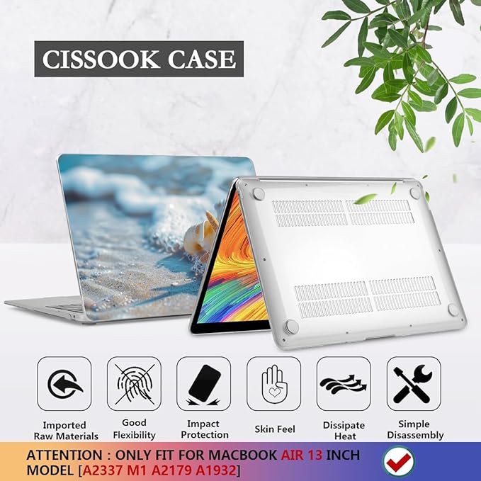 CISSOOK Compatible with MacBook Air 13-inch Case 2021 2020-2018 Release M1 A2337 A2179 A1932 Model with Touch ID, Plastic Hard Shell Protective Case with Keyboard Cover Screen Protector, Beach&Shell