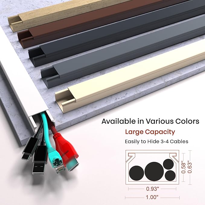 Cord Hider, Wire Cover, Cord Covers Wall Mounted TV, Cable Hider, 315 in Paintable White Raceway Kit, Electrical Cords Concealer, Cable Management, Hide Cords Wall, Wire Molding, Adhesive Channel