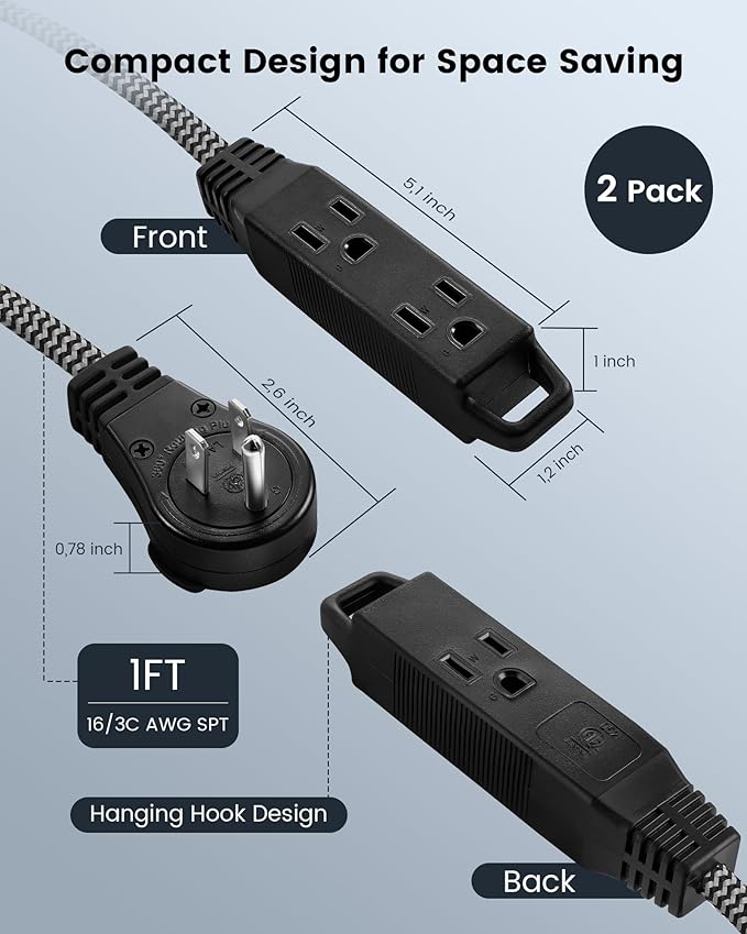 SURAIELEC 1FT 360° Rotating Flat Plug Extension Cord Flat Wall Plug with 3 Outlets, Braided Flat Black Extension Cord for Indoor Use, Small Space, 16/3C SPT, ETL Listed, 2 Pack