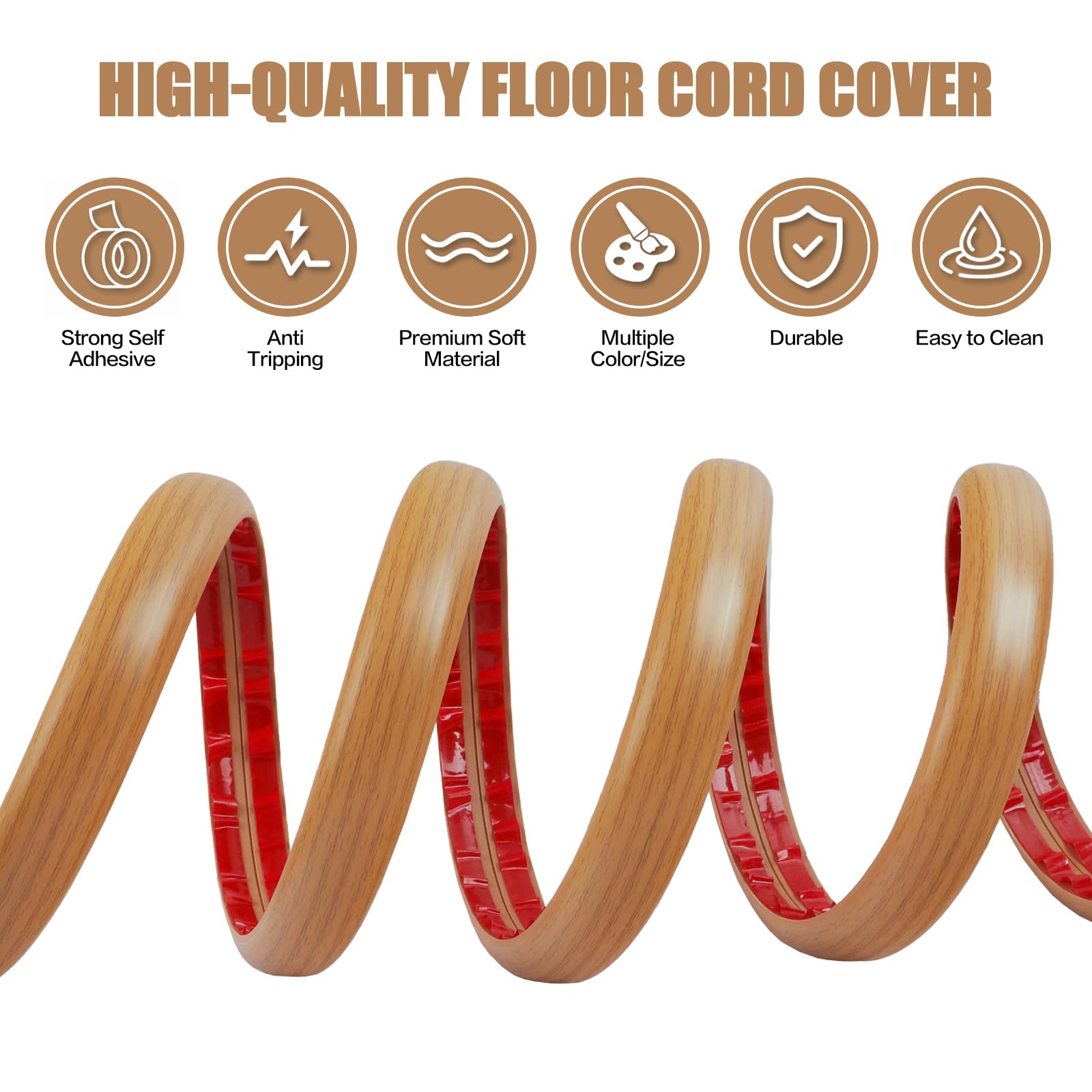 Floor Cord Cover Self Adhesive Cord Hider,10FT Cable Management, Extension Strip Protector for Wires, Prevent Cable Trips for Offices, Gyms, Exhibitions Cavity:0.3"(W) x 0.28"(H) Brown Wood