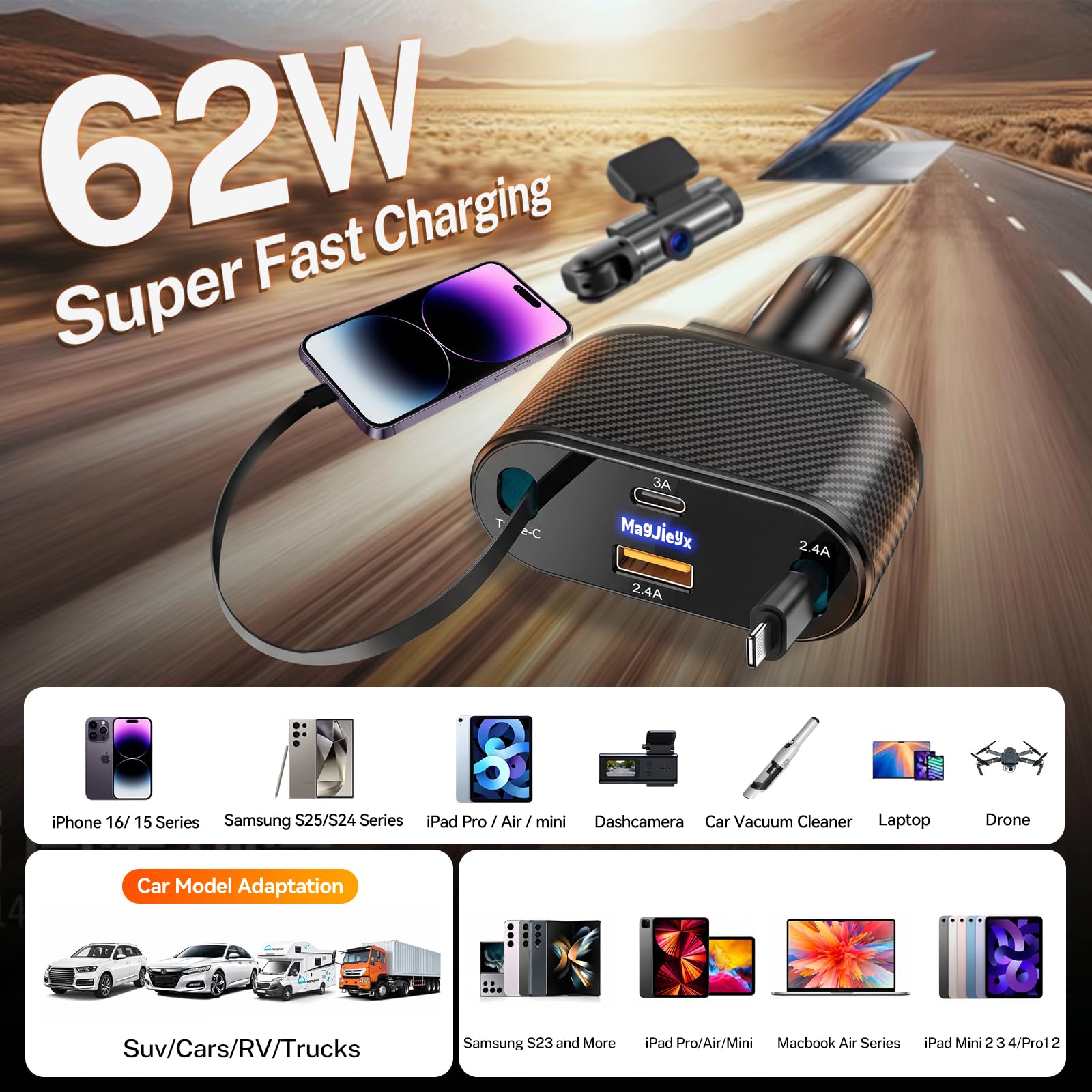 MAGJIEYX Retractable Car Charger, Fast Charging Adapter 62W Type-C/USB-i Cables and USB C/USB A QC & PD Ports for iPhone 17/16/15/14/13/12Pro Max Plus,iPad,AirPods, Galaxy