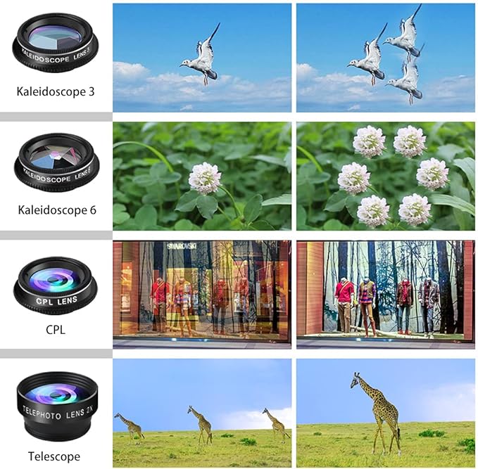 Phone Camera Lens Kit, 11 in 1 Cellphone Lens Kit for iPhone and Android, 0.63X Wide Angle+15X Macro+ 198°Fisheye+Telephoto+CPL/Flow/Radial/Star/Soft Filter+Kaleidoscope Lens