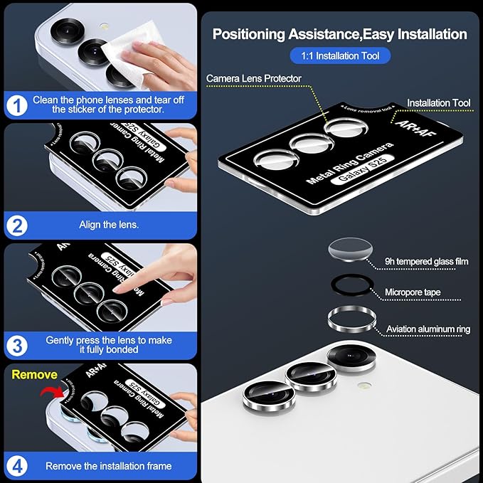 for Samsung Galaxy S25 Camera Lens Protector, Individual Metal Ring Tempered Glass Lens Cover, [Strong Adsorption] Scratch Resistant Ultra-Thin HD Clear Lens Cover, 1 Set-Slivery Ring