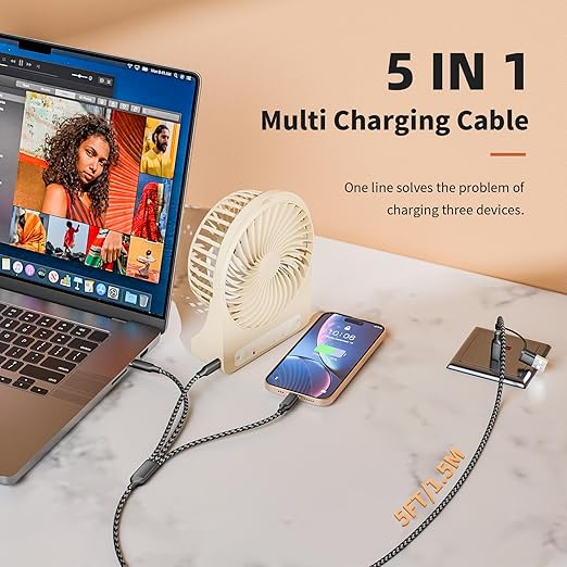 Multi Charging Cable 5 in 1, 2Pack 5FT USB C/A Multi Charger Cable to Type-C/Micro USB Port, Nylon Braided USB C Multiple Charger Cord for All Devices, Universal Phone Charger Cord for Cell Phones