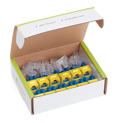 trueCABLE Cat5e Keystone Jack, Unshielded (UTP), 90 Degree Punch-Down, PoE++ (4PPoE) 100W, UL Listed, ETL Verified, ANSI/TIA Certified, Modular RJ45 Female, Yellow, 12 Pack