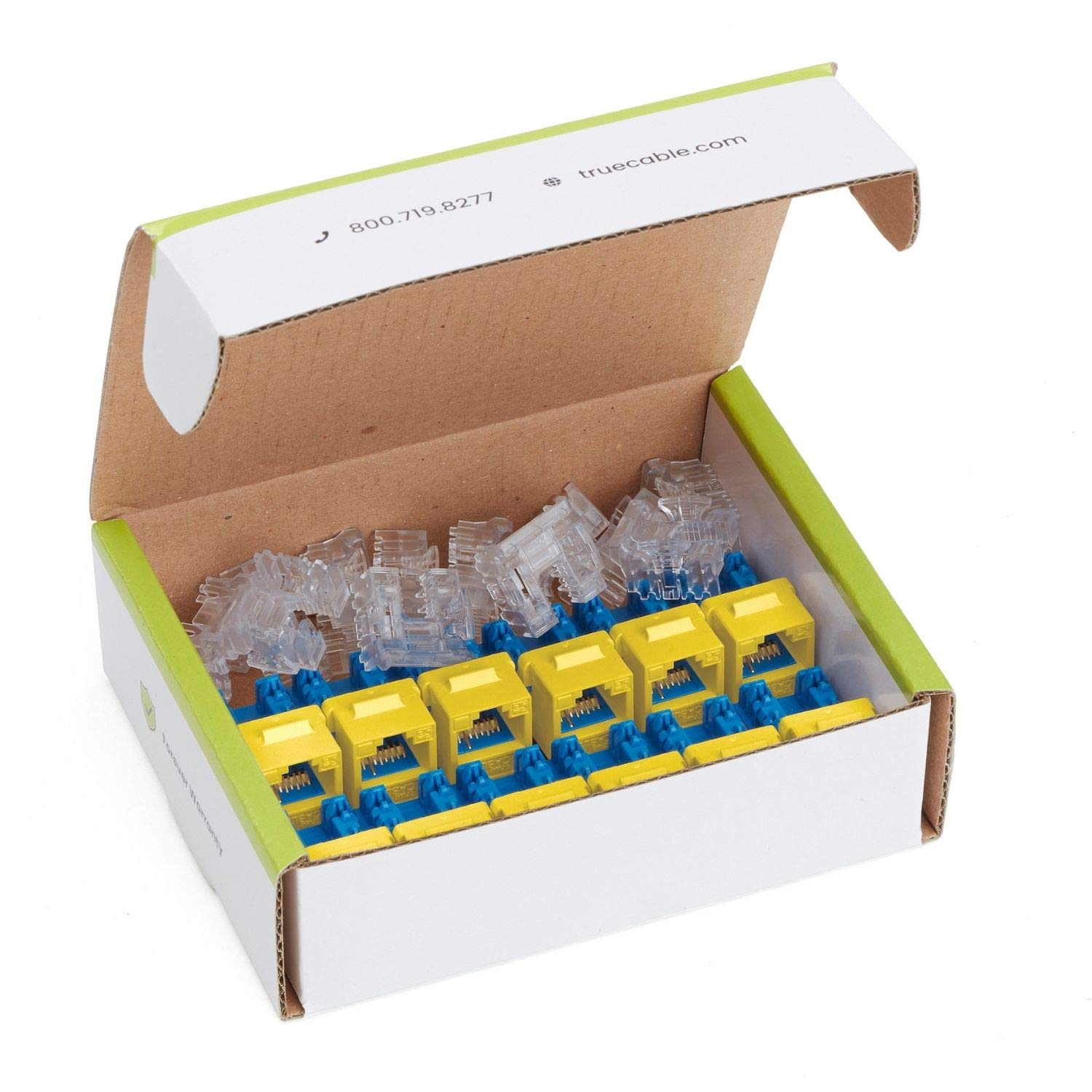 TRUE CABLE Cat6A Unshielded (UTP) Keystone Jack, 90-Degree Punch-Down RJ45 Female Module, PoE++ 4PPoE, UL Listed & TIA Certified, Yellow, 12 Pack
