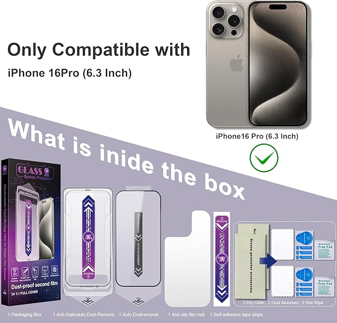 2 Pack Screen Protector for iPhone 16 Pro, 9H Tempered Glass, Full Coverage, Anti-Fingerprint, Auto Dust-Elimination, No Bubble, Easy Installation