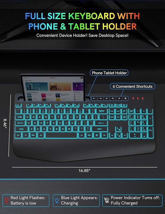 Trueque Wireless Keyboard with 7 Colored Backlits, Wrist Rest, Phone Holder, Rechargeable Ergonomic Keyboard with Silent Light Up Keys, Cordless Computer Keyboard for Windows, Mac, Laptop