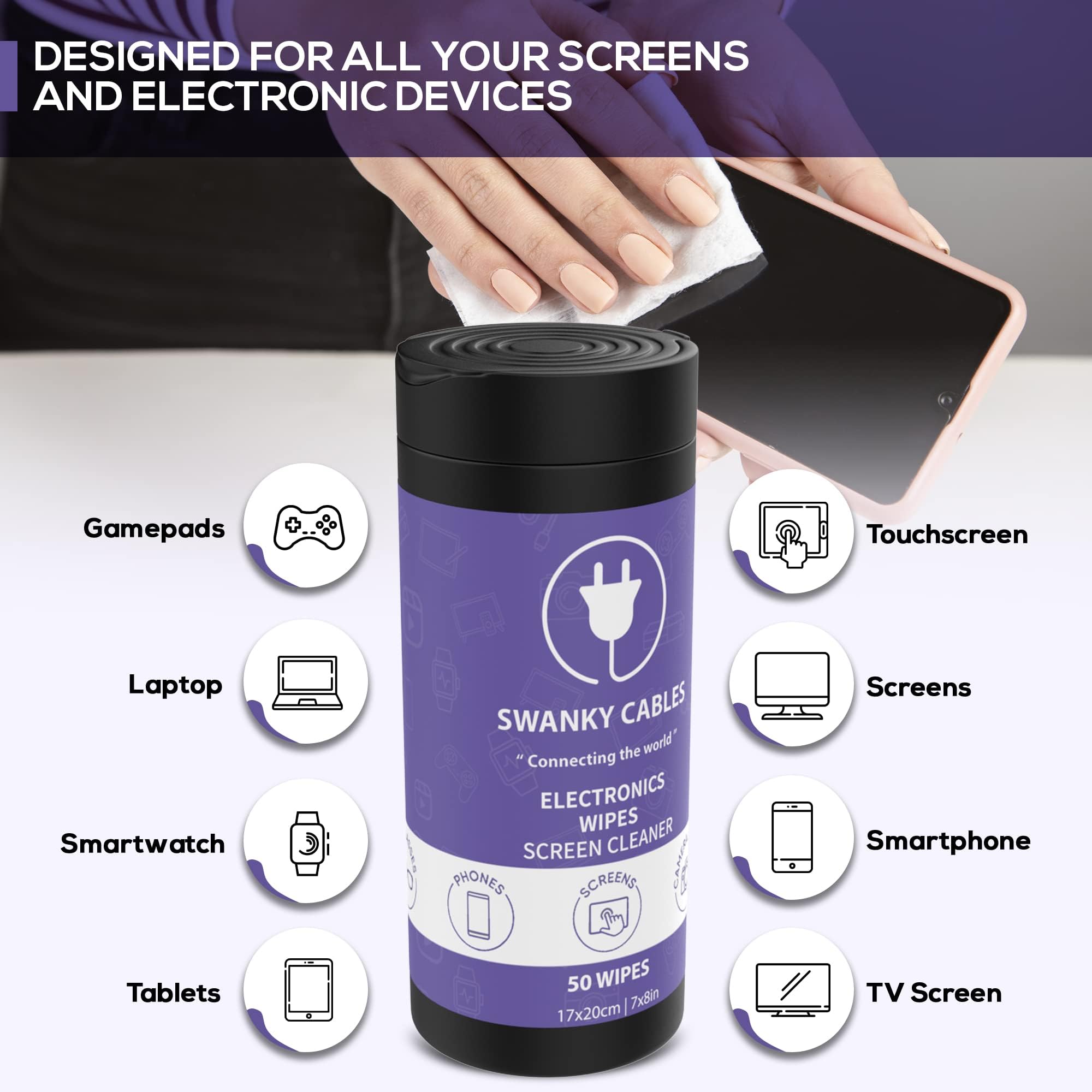 Swanky Cables Screen Cleaner Wipes: Electronic Wipes for Screens - Computer Screen Wipes for Lens, Phone, TV Screen and Monitor Cleaning - Tech Wipes & Microfiber Cloth (Canister, 600 Count)
